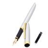 <FONT size=1>
<b>Tipo:</b> Pluma Tipo Fuente. <br>
<b>Punto de Escritura:</b> 0.5mm. <br>
<b>Compatibilidad con Tinta:</b> SmallCartri 3.4mm. <br>
<b>Color de Pluma:</b> Plata/Oro. <br>
<b>Color de Tinta:</b> Negro, Morado, Azul Marino, Verde, Rojo o Rosa.<br>
<b>Material:</b> Acero Inoxidable. <br>
<b>Aplicaciones:</b> Puede ser utilizada en lugares como: la escuela, oficina, centro de comercio, etc.
Se puede utilizar para: redacción, firmar, dibujar, caligrafía, etc.<br>
<b>Garantía:</b> 30 dias. <br>
</FONT>